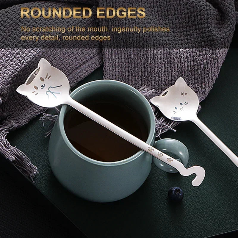 1pcs Cute Cat Dessert Spoon 304 Stainless Steel Teaspoon For Coffee Ice Cream Laser Engraving Long Handle Flatware GiftTableware