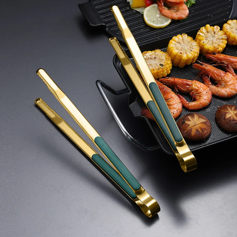 Gold Stainless Steel Food Tongs Non-Slip Serving Tongs For BBQ Meat Salad Bread Kitchen Accessories Cooking Utensils