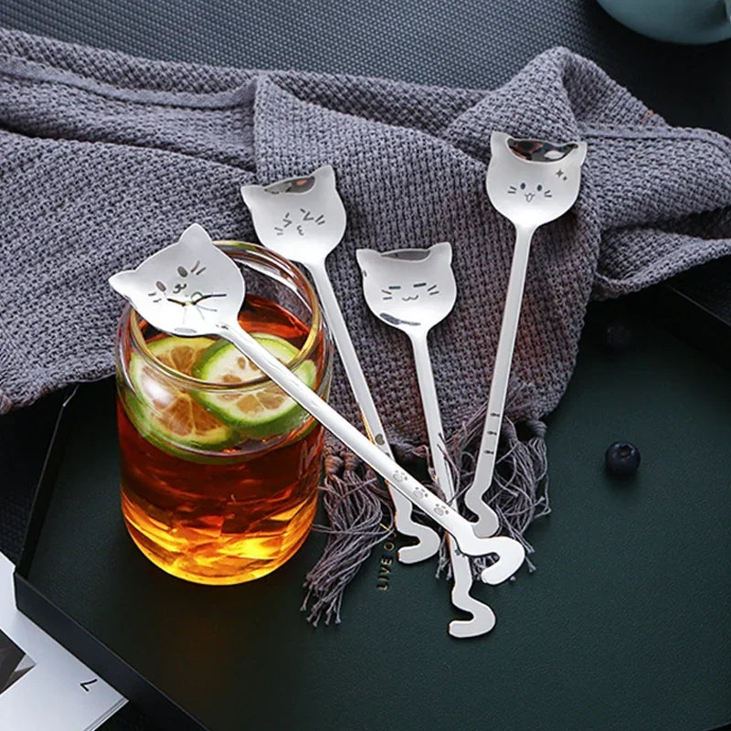 1pcs Cute Cat Dessert Spoon 304 Stainless Steel Teaspoon For Coffee Ice Cream Laser Engraving Long Handle Flatware GiftTableware