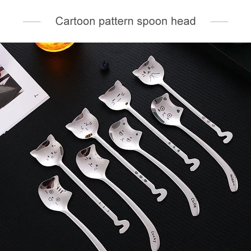 1pcs Cute Cat Dessert Spoon 304 Stainless Steel Teaspoon For Coffee Ice Cream Laser Engraving Long Handle Flatware GiftTableware