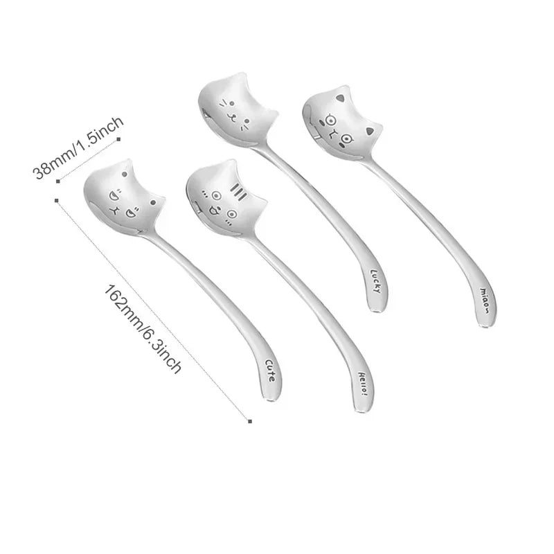 1pcs Cute Cat Dessert Spoon 304 Stainless Steel Teaspoon For Coffee Ice Cream Laser Engraving Long Handle Flatware GiftTableware