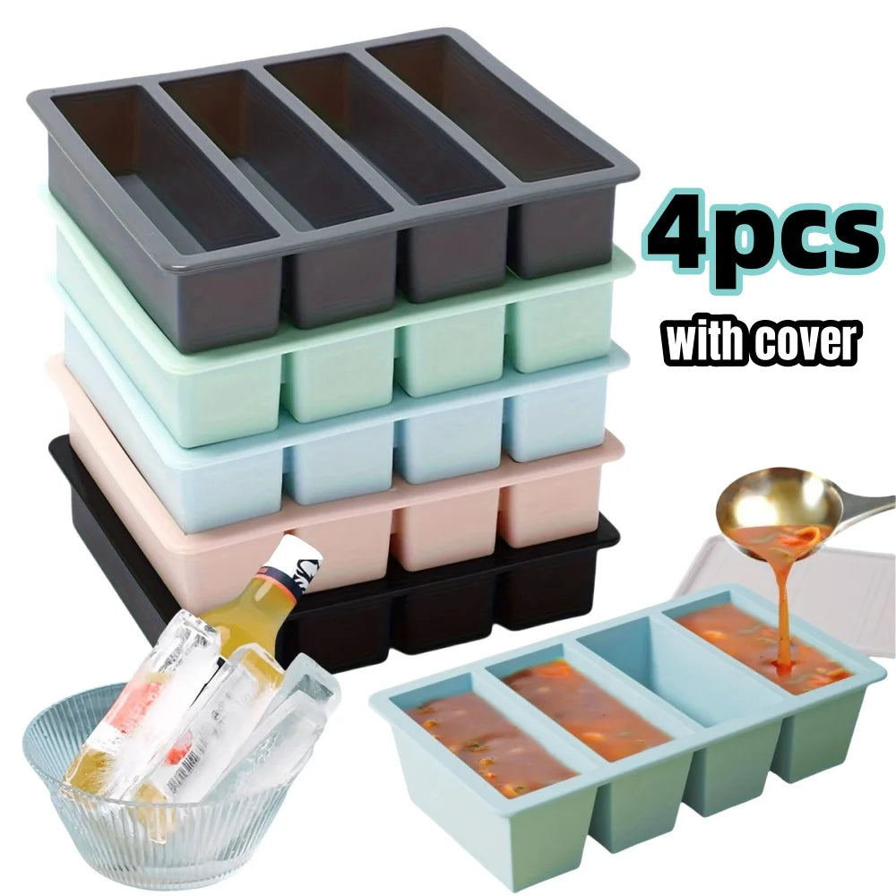 1/4pcs Large Rectangular Ice Cube Mold Set with Lid Stackable Freezer Trays for Bottles Beverages Long Cubes Mould Kitchen Items