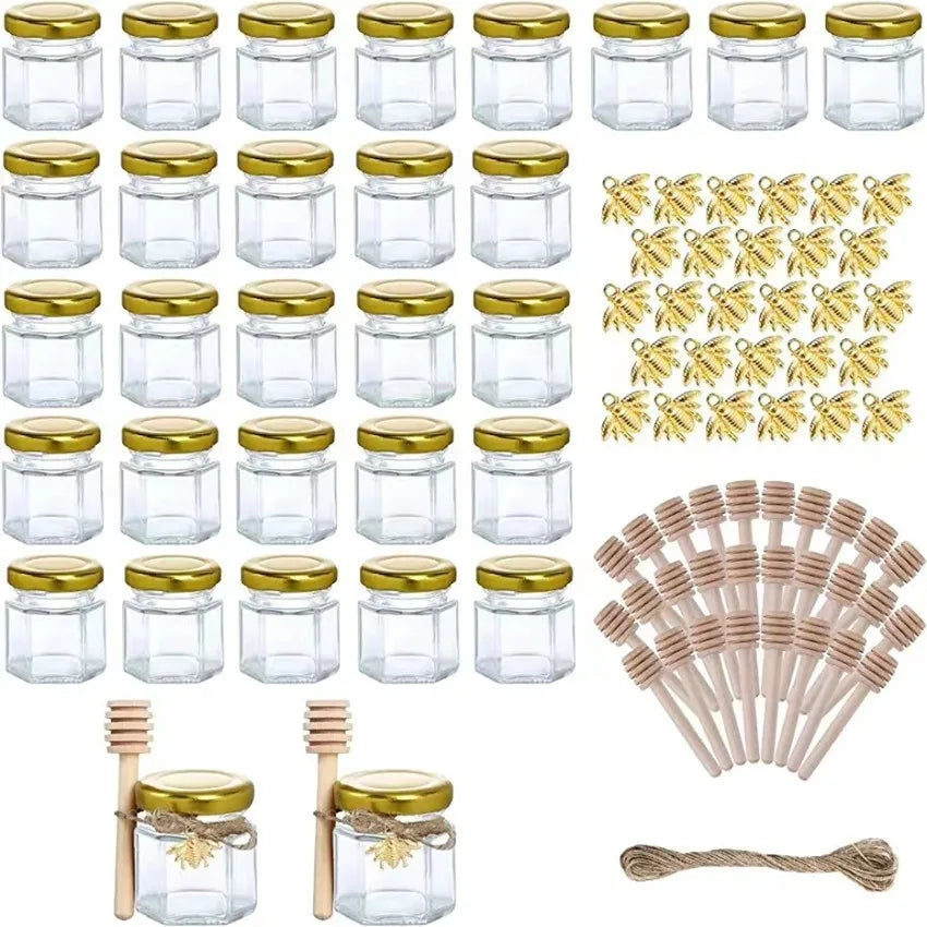 Hexagon Glass Honey Jars Clear Hexagon Mini Glass Jars With Wooden Honey Sticks Round Kraft Paper Jute Twine For Wedding Favors