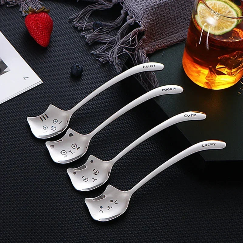 1pcs Cute Cat Dessert Spoon 304 Stainless Steel Teaspoon For Coffee Ice Cream Laser Engraving Long Handle Flatware GiftTableware