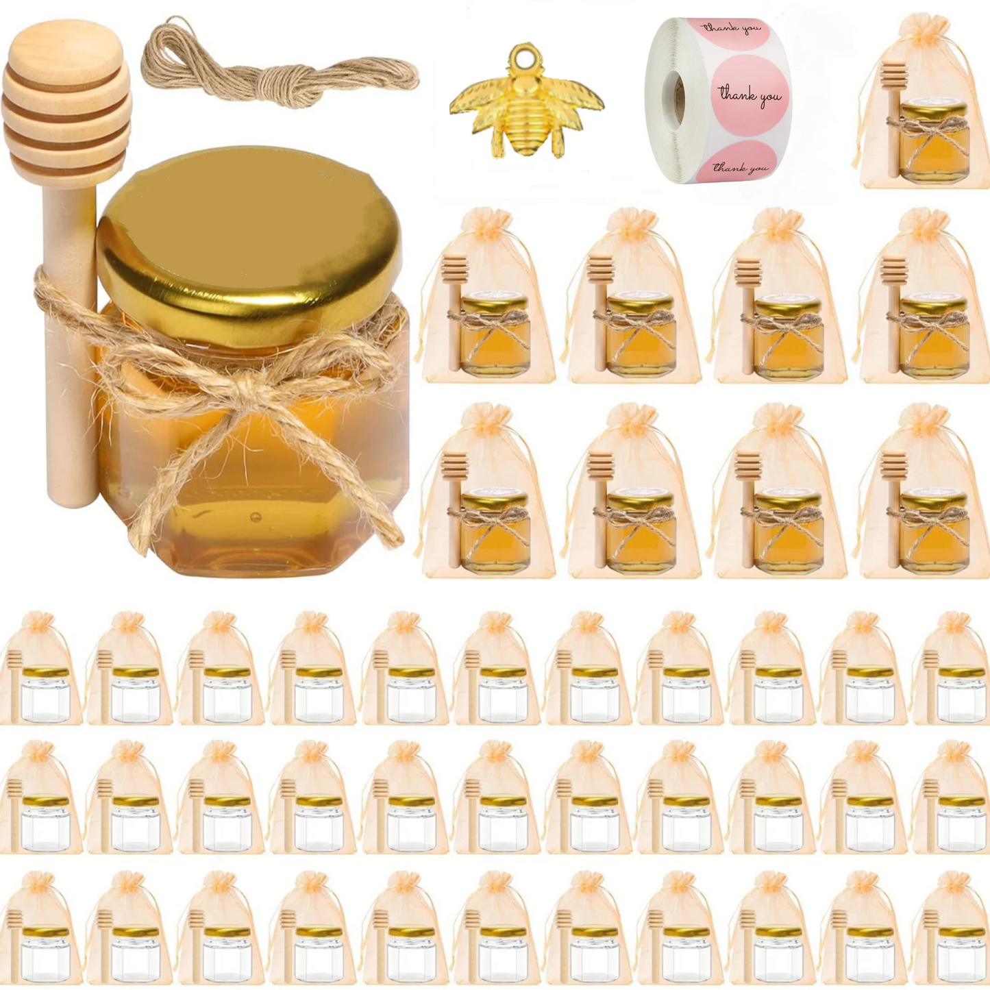 Hexagon Glass Honey Jars Clear Hexagon Mini Glass Jars With Wooden Honey Sticks Round Kraft Paper Jute Twine For Wedding Favors