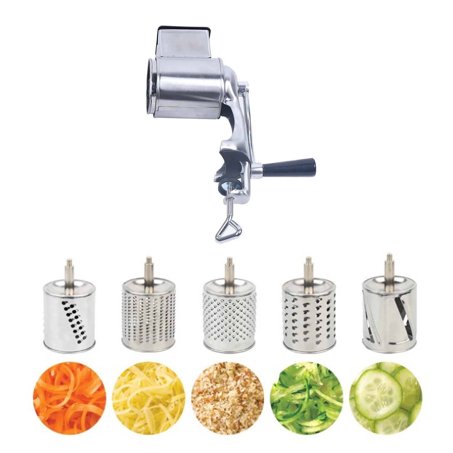 Manual Vegetable Cutter Kitchen Tool Multifunctional Stainless Steel Rotary Vegetable Grater with 5 Drum Blades