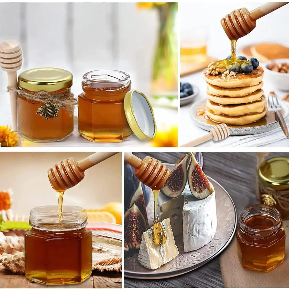 Hexagon Glass Honey Jars Clear Hexagon Mini Glass Jars With Wooden Honey Sticks Round Kraft Paper Jute Twine For Wedding Favors