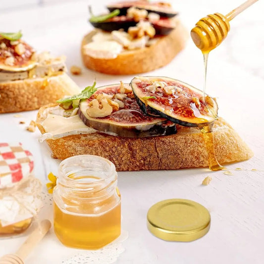 Hexagon Glass Honey Jars Clear Hexagon Mini Glass Jars With Wooden Honey Sticks Round Kraft Paper Jute Twine For Wedding Favors