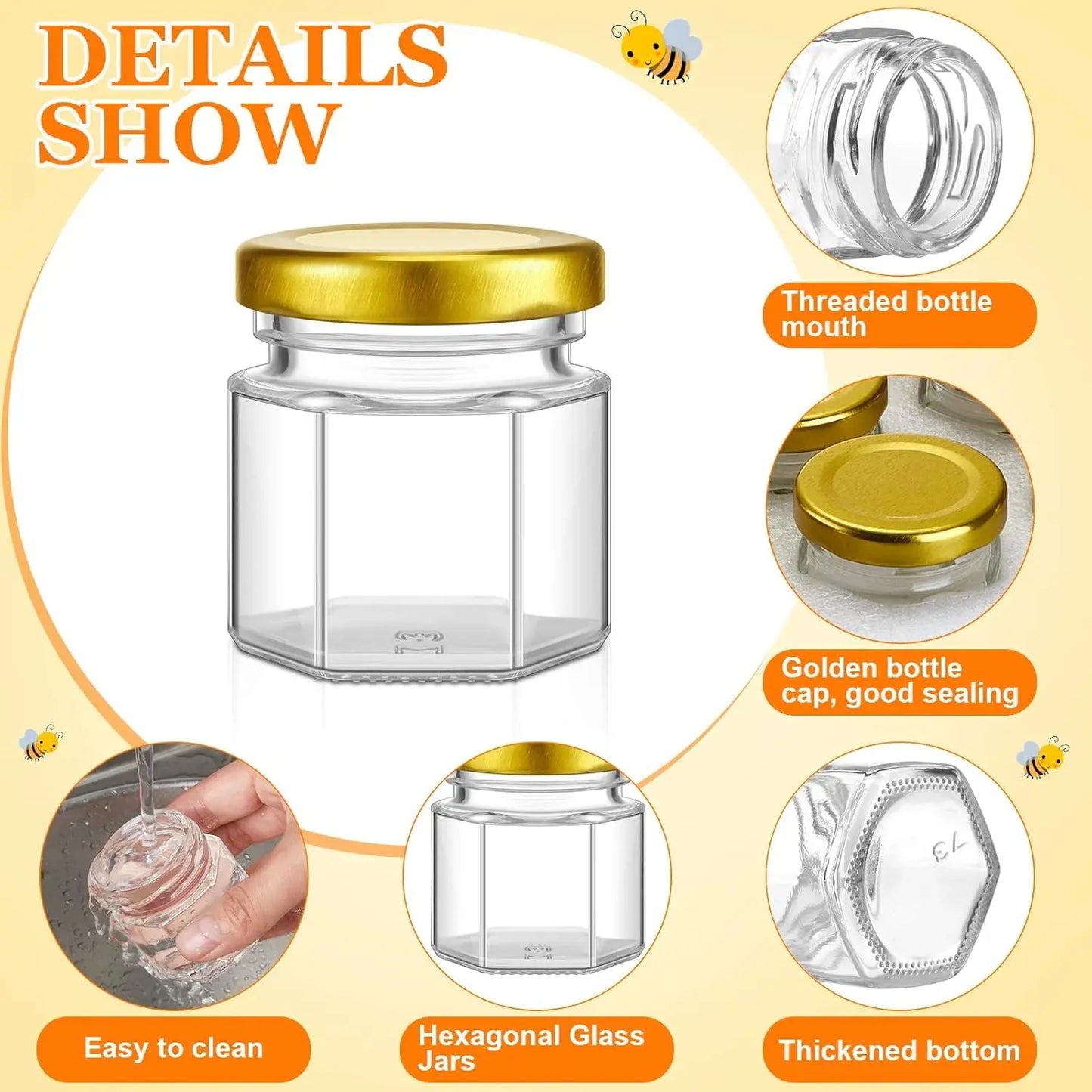 Hexagon Glass Honey Jars Clear Hexagon Mini Glass Jars With Wooden Honey Sticks Round Kraft Paper Jute Twine For Wedding Favors