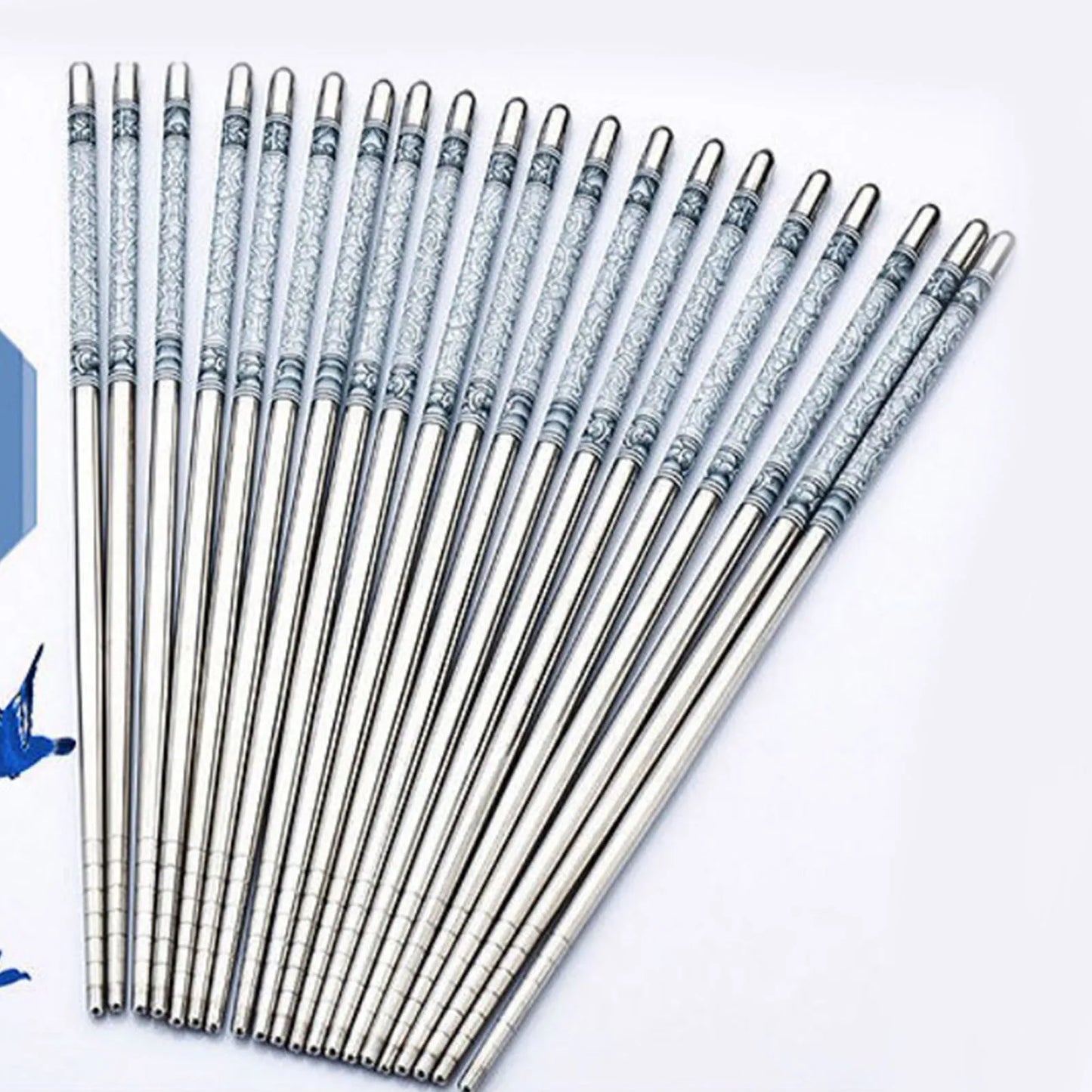 Chinese Stainless Steel Chopsticks Blue White Porcelain Pattern Metal Chopsticks Utensils Reusable Easy To Clean for Household
