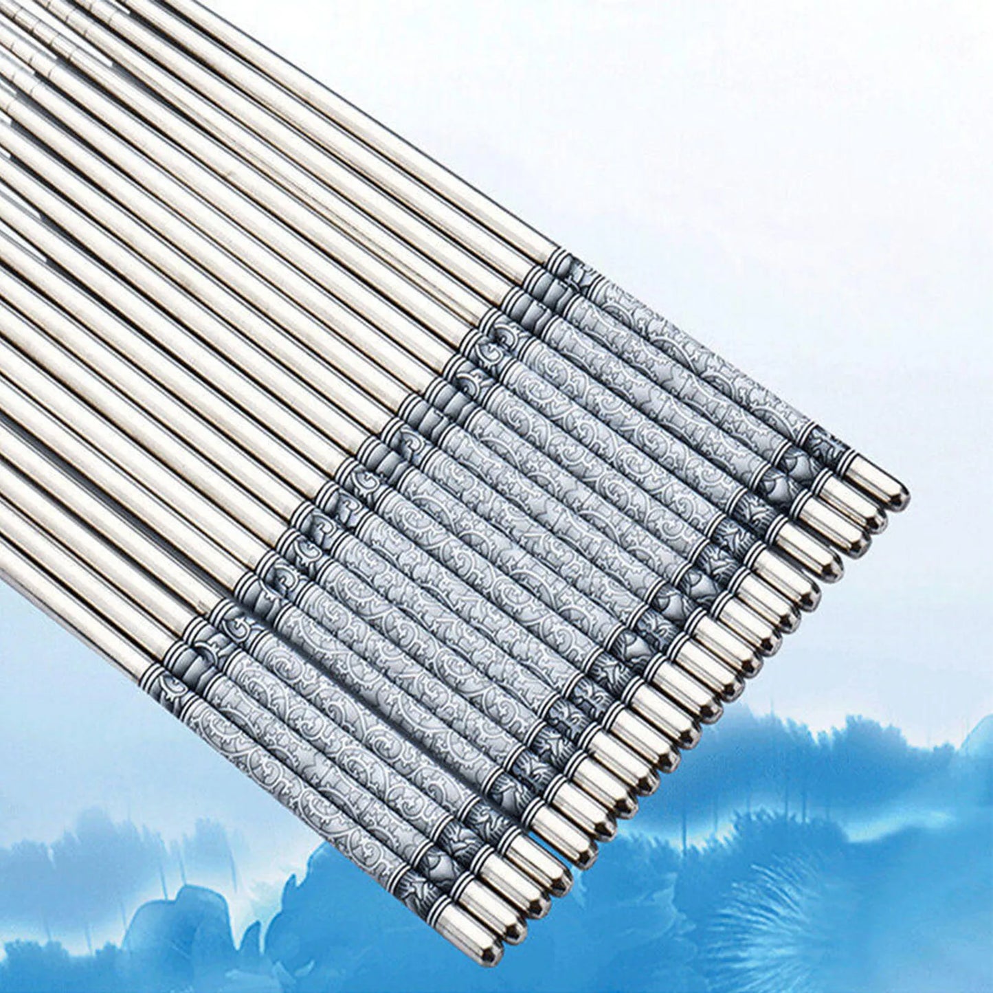 Chinese Stainless Steel Chopsticks Blue White Porcelain Pattern Metal Chopsticks Utensils Reusable Easy To Clean for Household