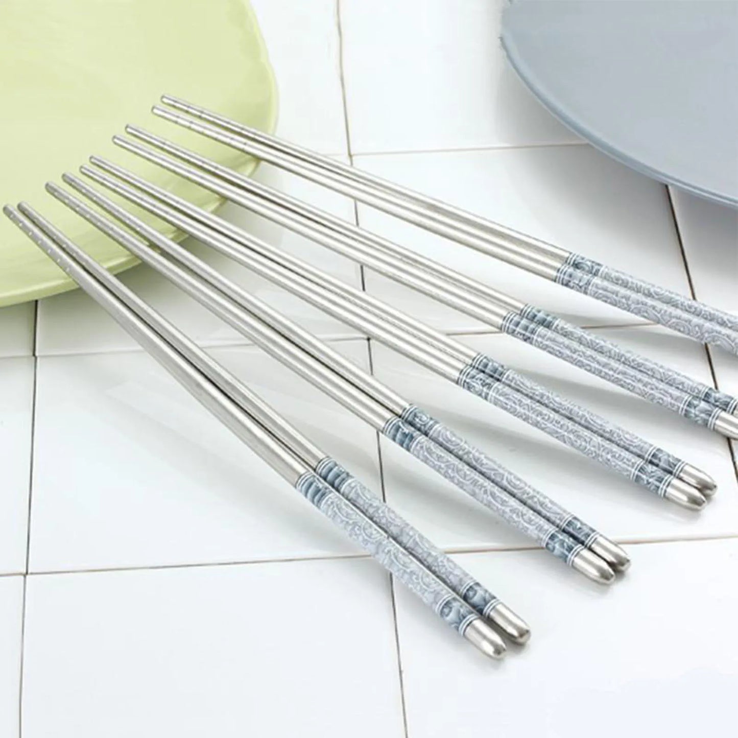 Chinese Stainless Steel Chopsticks Blue White Porcelain Pattern Metal Chopsticks Utensils Reusable Easy To Clean for Household